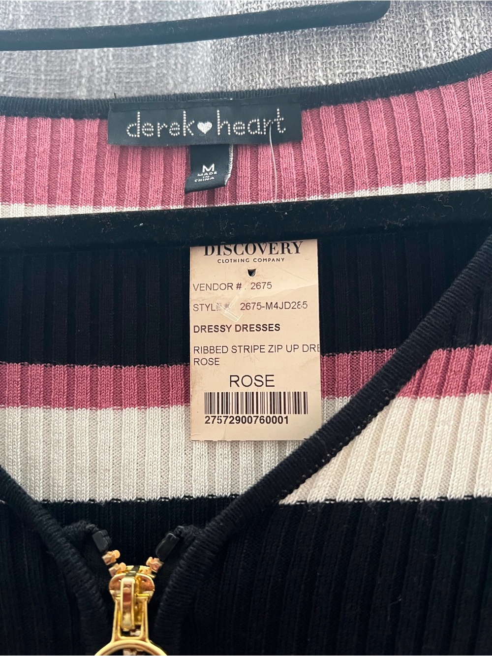 Derek Rose Ribbed Stripe Zip-Up Dress - Black, Rose & Cream - Picture 2 of 3